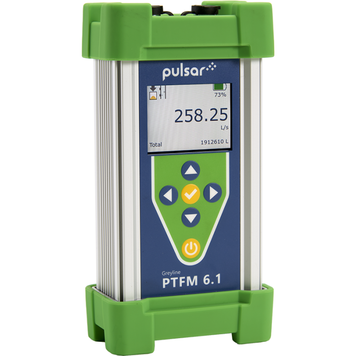 PTFM 6.1 portable transit time flow meter showing the home screen