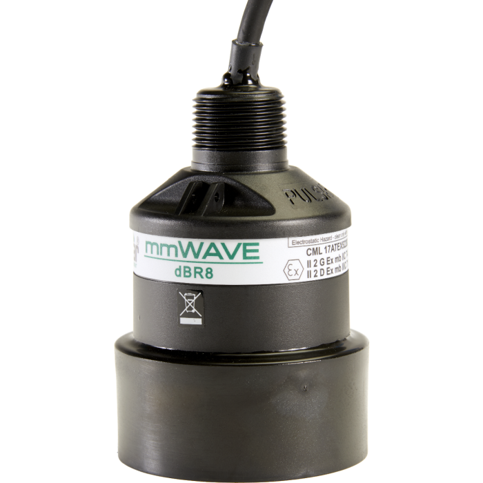 Pulsar Measurement dBR8 radar level sensor with submergence shield.