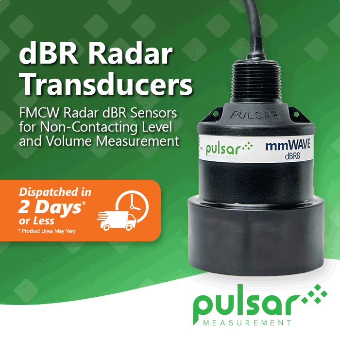 Pulsar Measurement dBR radar level sensor now dispatched in 2 days or less. 