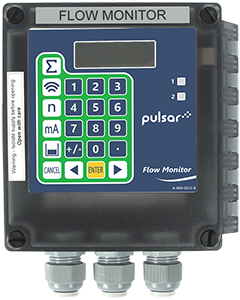 Pulsar Flow Monitor front-facing pipe flow measurement display